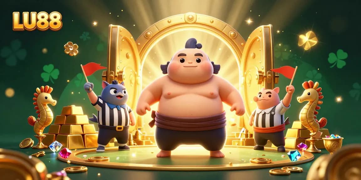 LU88 showcases vibrant underwater casino excitement with fugu, catfish referee, and treasures.