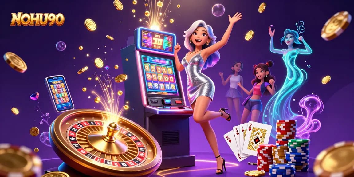 Experience the thrill of slots with NOHU90 as a stunning woman celebrates a jackpot in dazzling casino lights.