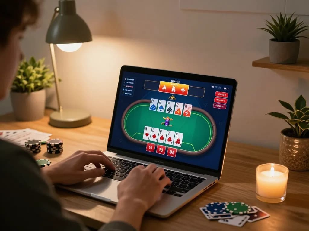 Pengguna SLOT88 terlibat dalam permainan poker online di rumah, menampilkan antarmuka permainan dan pengambilan keputusan strategis.
