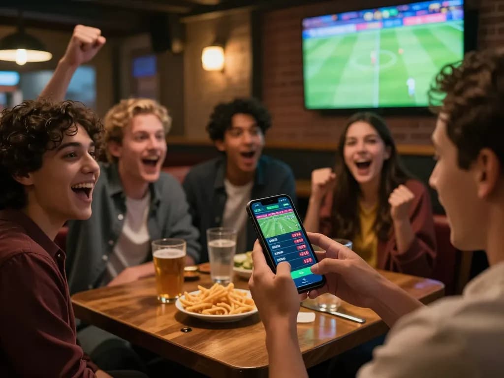 Excited bettors coordinating sports bets with keonhacaii app during a live match, capturing a lively atmosphere.