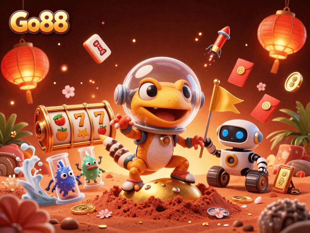 Explore Go88's golden casino on Mars with vibrant characters and dynamic gambling elements.
