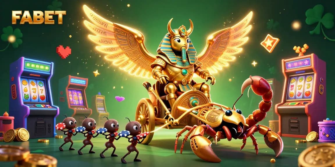 FABET showcases a dynamic casino scene with a colossal scarab beetle, chariot, and vibrant slot machine elements.