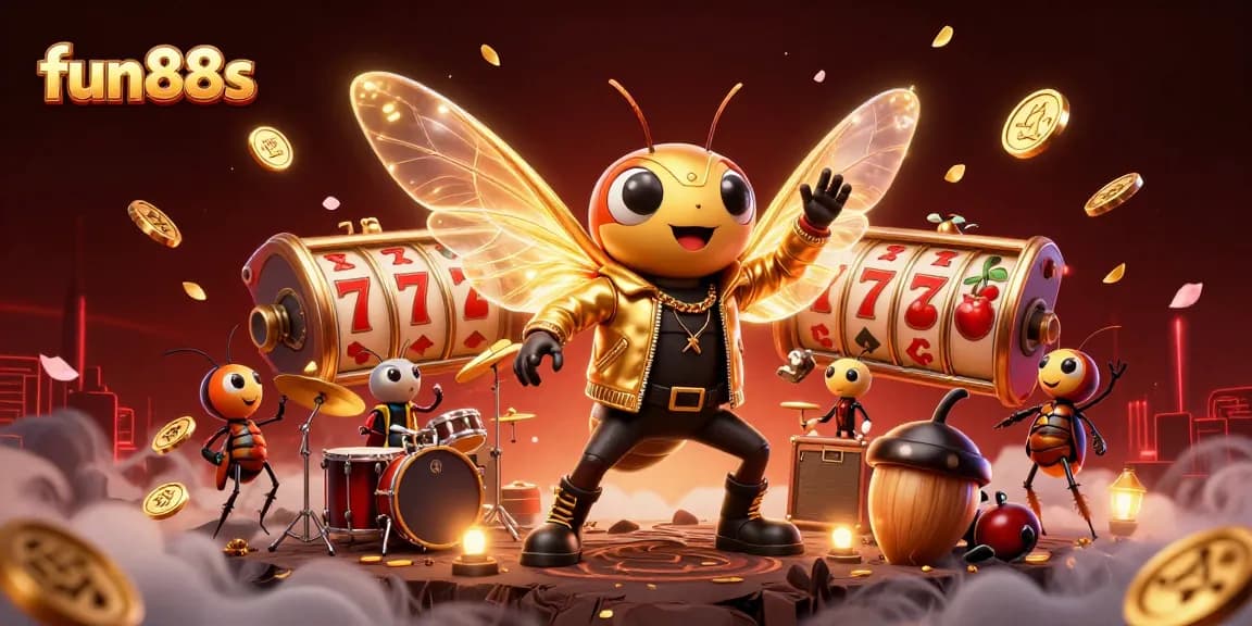 Experience excitement with fun88s as a rock star cicada and drummer animate a dynamic casino scene.