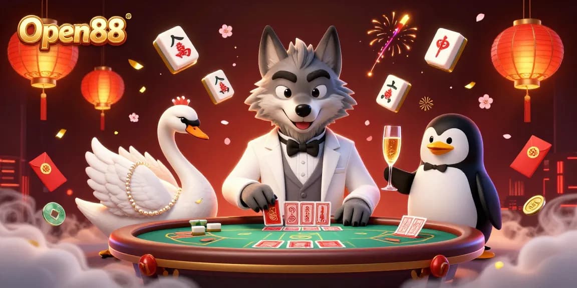 Experience exciting gameplay at Open88 with 3D characters engaging at a baccarat table surrounded by festive elements.