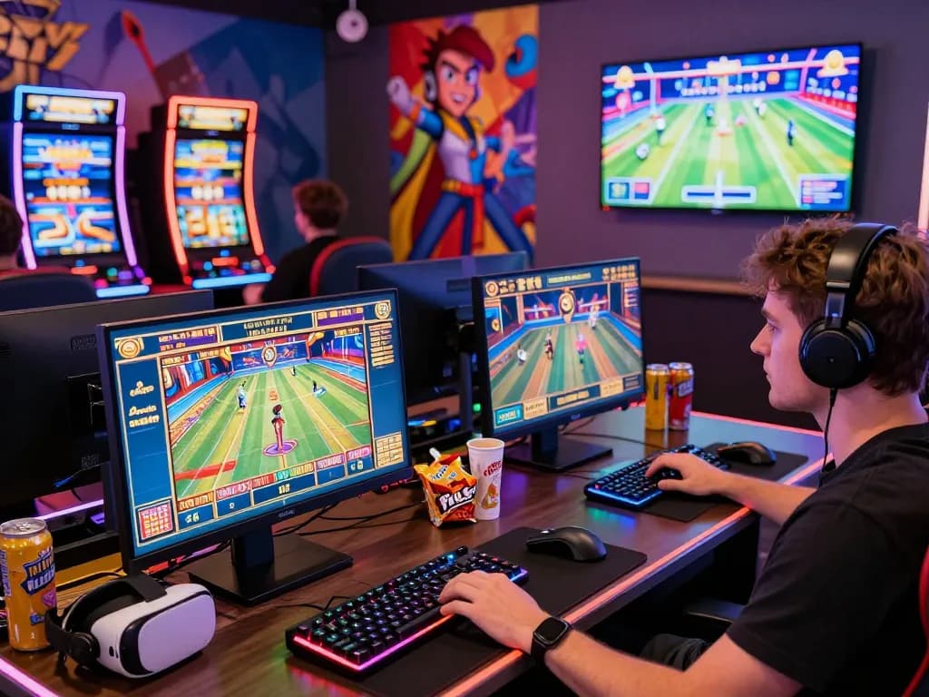Engaged players in MM88 online casino enjoying immersive gaming experience with vibrant lighting and gaming setups.