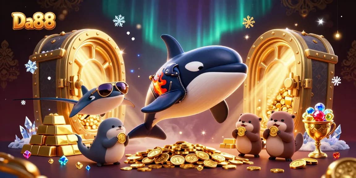 Da88 unveils thrilling underwater adventure with vibrant characters and treasure in a dynamic illustration.