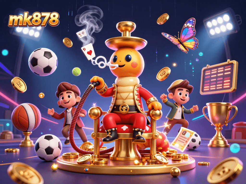 Experience the thrill of mk878 with vibrant 3D casino elements featuring a caterpillar hookah-master and dynamic sports balls.