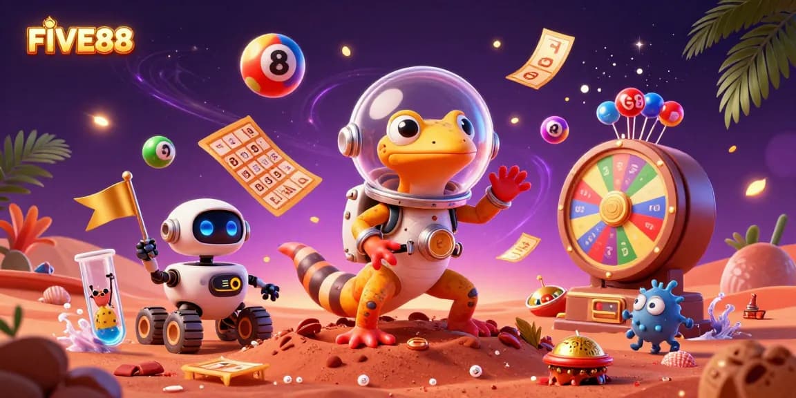 FIVE88 Casino Adventures: Martian gecko explores a golden casino with exciting games and vibrant elements.