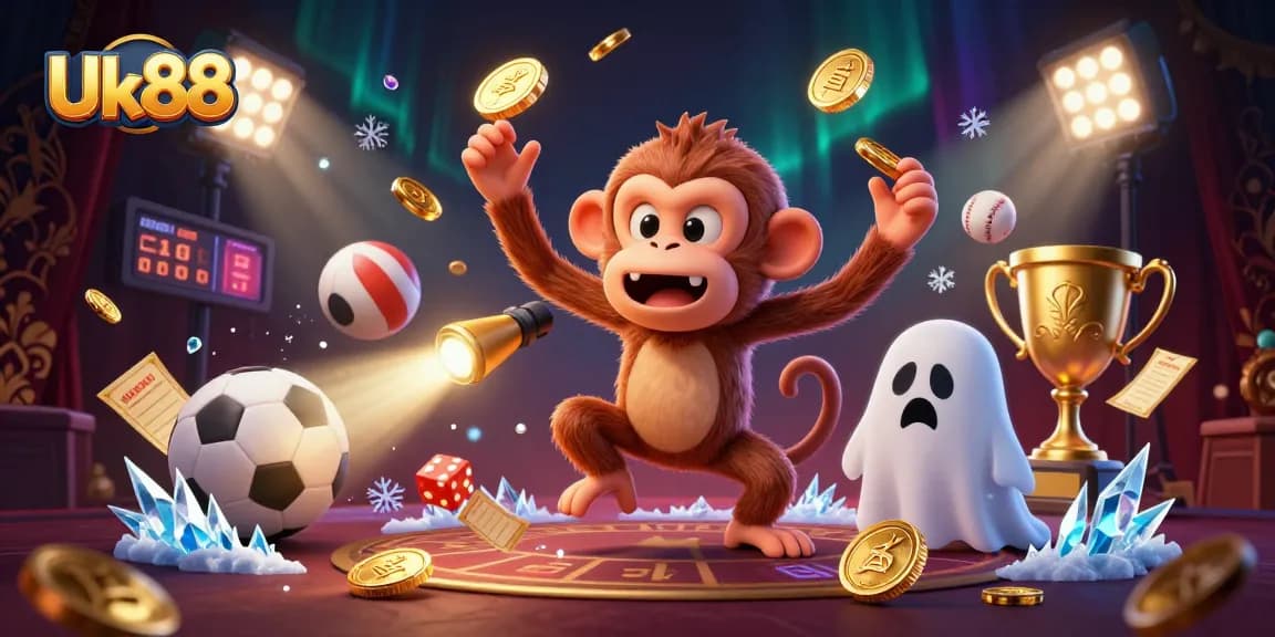 Experience the thrill of Uk88 with a vibrant scene of a poltergeist monkey in a haunted casino.