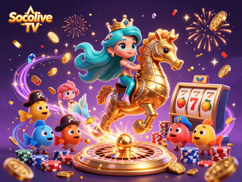 Socolive TV captures the excitement of casino gaming with vibrant mermaid characters and classic slot elements.