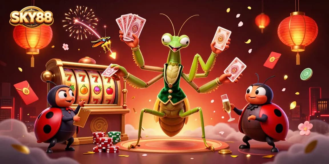 Engage with the vibrant SKY88 casino scene featuring a giant mantis card sharp and glowing elements.