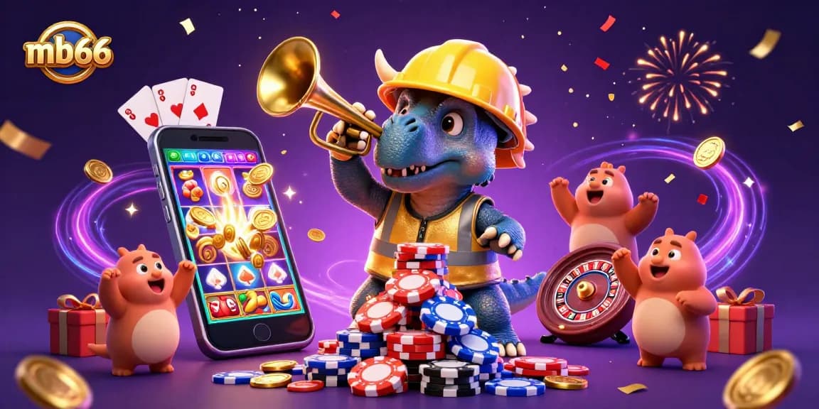 Experience winning strategies at mb66 with a triceratops celebrating a poker chip pyramid.