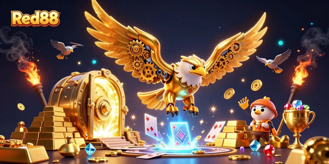Engage with the excitement of Red88 as a golden eagle dives through holographic cards and treasures.
