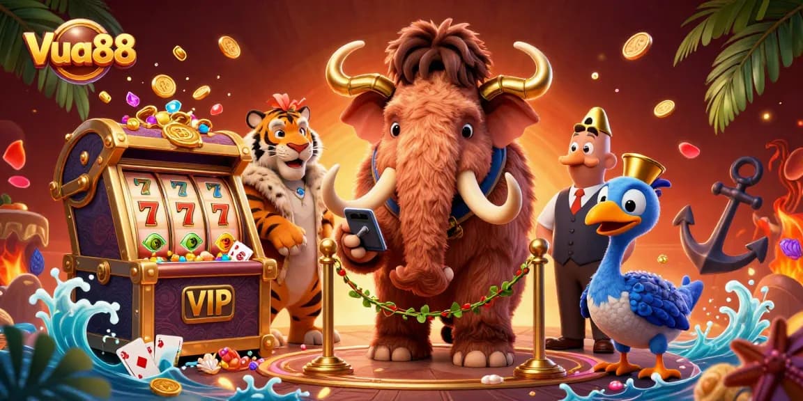 Vua88 showcases a vibrant 3D casino scene with colorful gems and exciting slot machines.