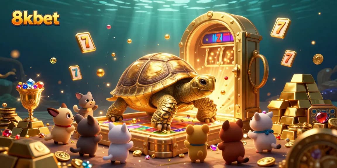 Play dynamic slots at 8kbet with a vivid golden tortoise pinball machine and sparkling treasure.