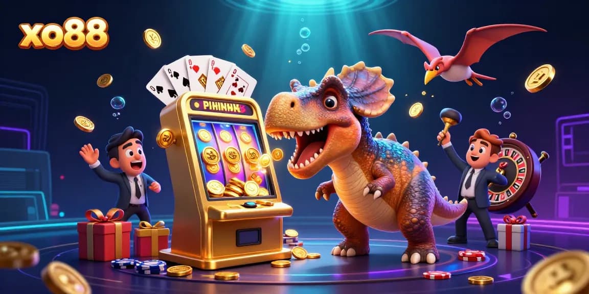 Join the excitement at xo88 as a pachycephalosaurus hits the jackpot at a colorful slot machine!
