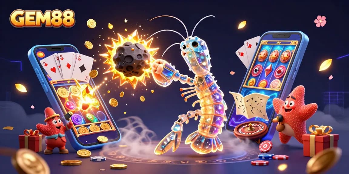 GEM88 excites players with vibrant casino elements in a captivating 3D scene showcasing gaming action.