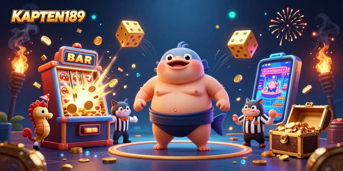 KAPTEN189 hadir dengan ilustrasi kasino 3D berwarna-warni yang menunjukkan slot jackpot yang mengesankan dan karakter laut yang unik.
