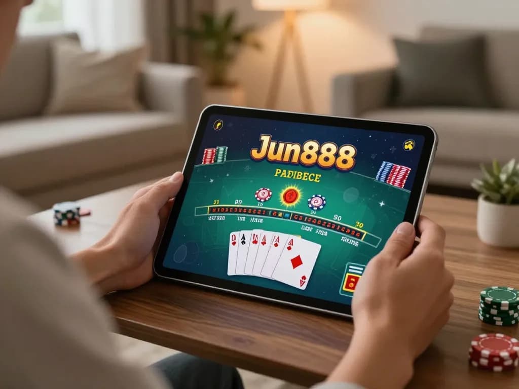 Player enjoying Jun888 online blackjack on tablet in a cozy home setting with ambient lighting.