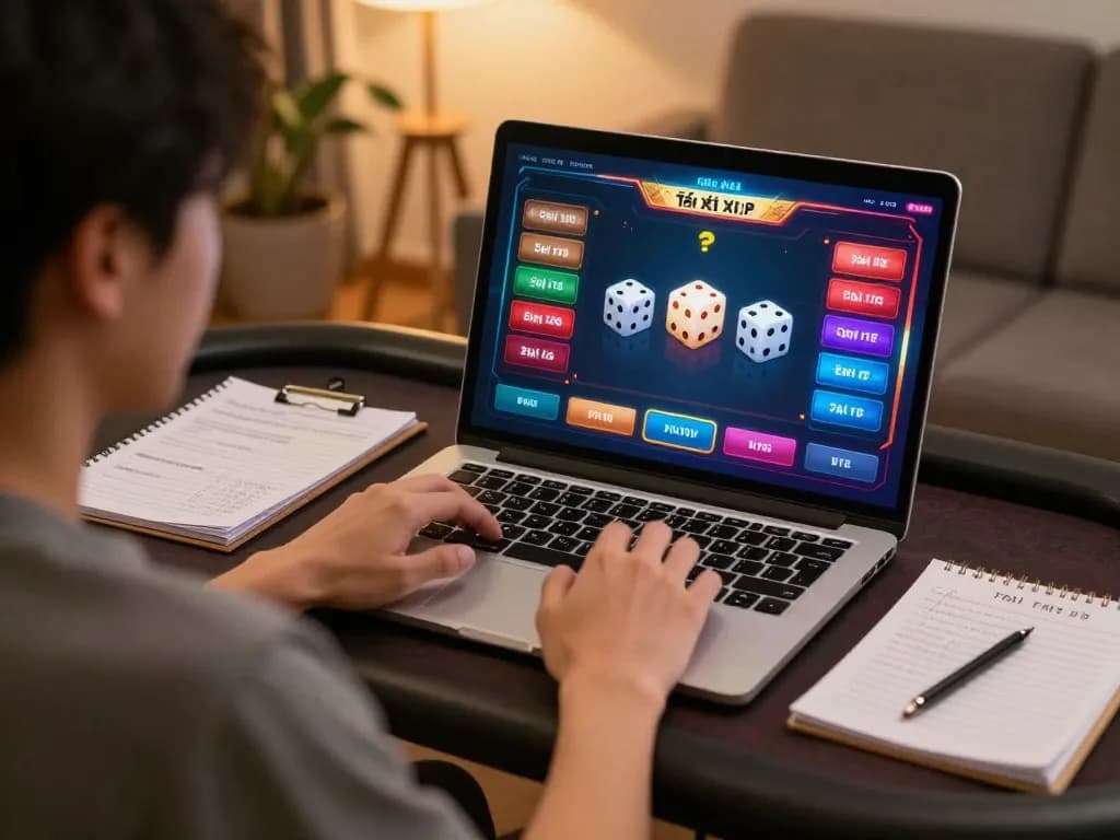 Tài xỉu online gameplay on a laptop showcasing dynamic betting options and vibrant dice animations.