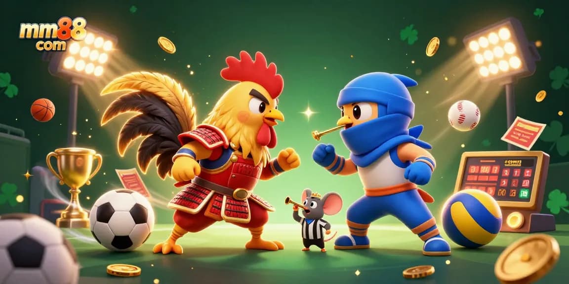 Engage in thrilling action with mm88 com as fighting roosters battle amidst flying sports elements and dynamic casino flair.