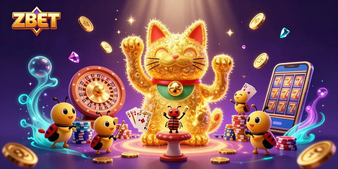 Experience thrilling ZBET gameplay with a dynamic scene of lucky symbols and colorful elements