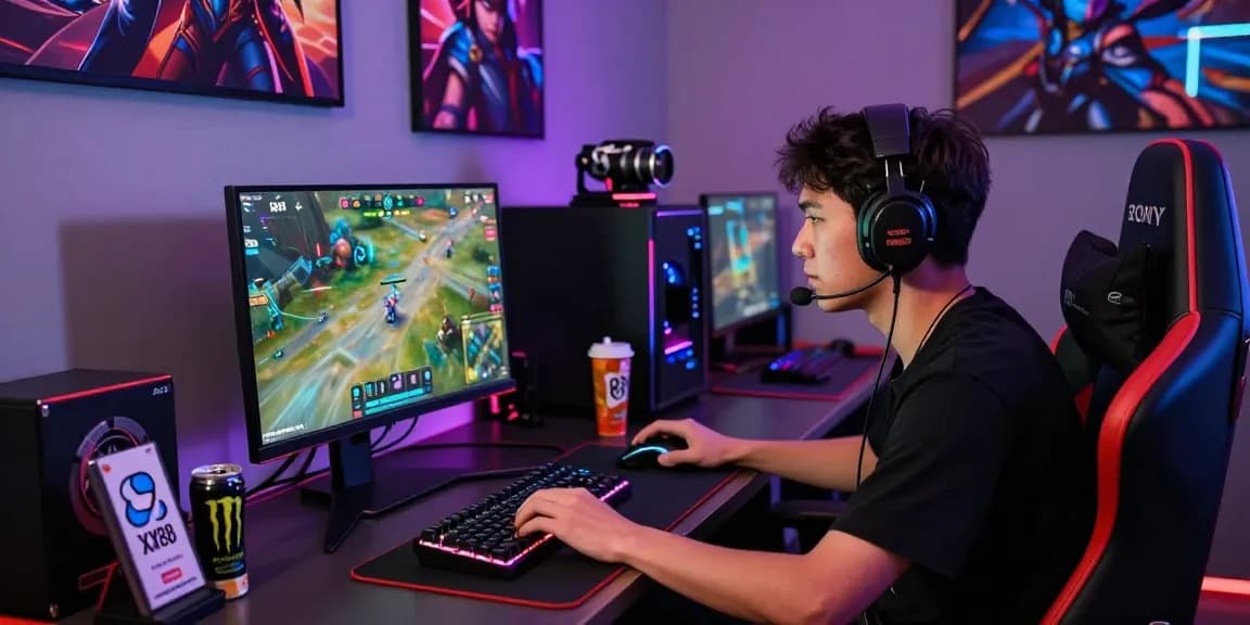 Professional gamer engaged in gameplay at XX88, showcasing gaming gear and vibrant room atmosphere.