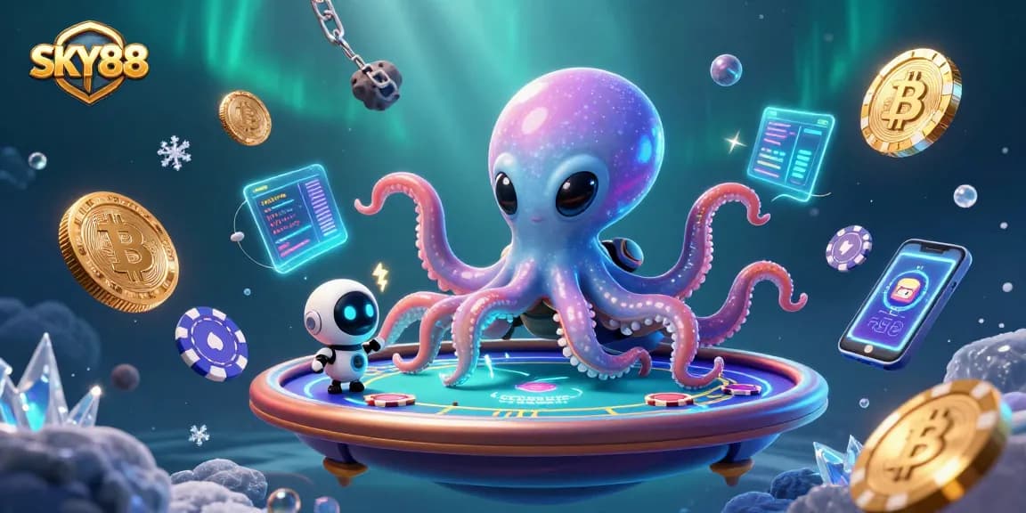 Engage with SKY88 in an exciting 3D cosmic poker scene filled with vibrant cosmic elements.