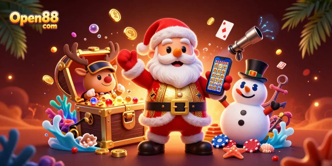Spin the reels with Open88 com in this vibrant 3D casino scene featuring a festive Santa and friends.