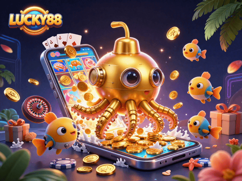 Experience thrilling gameplay at LUCKY88 with golden coins, vibrant slot games, and engaging graphics.