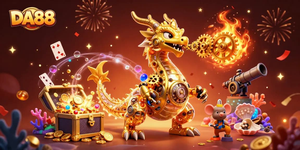 DA88 reveals thrilling moments as a golden dragon breathes gears, symbolizing excitement in online gambling.