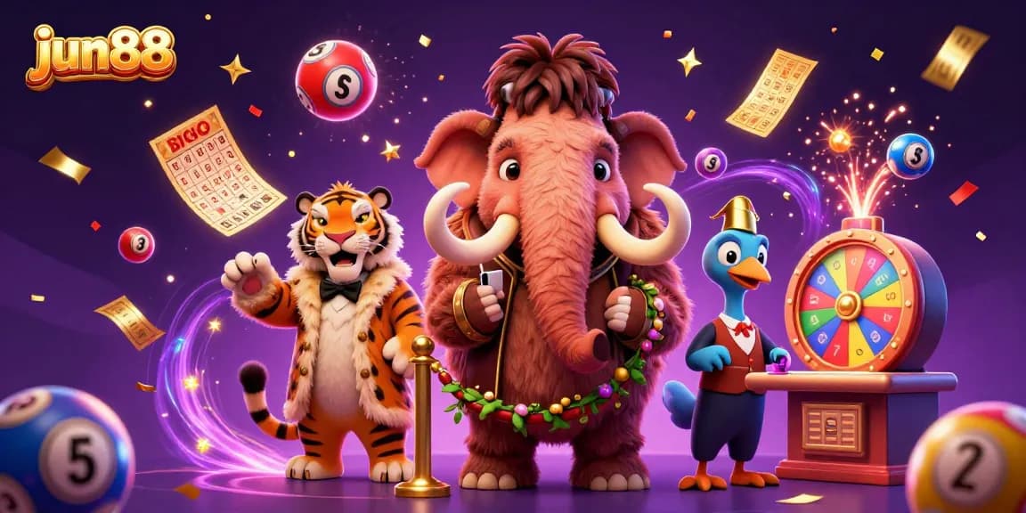 Experience the luxury of jun88 with a dynamic casino scene featuring playful characters and vibrant games.