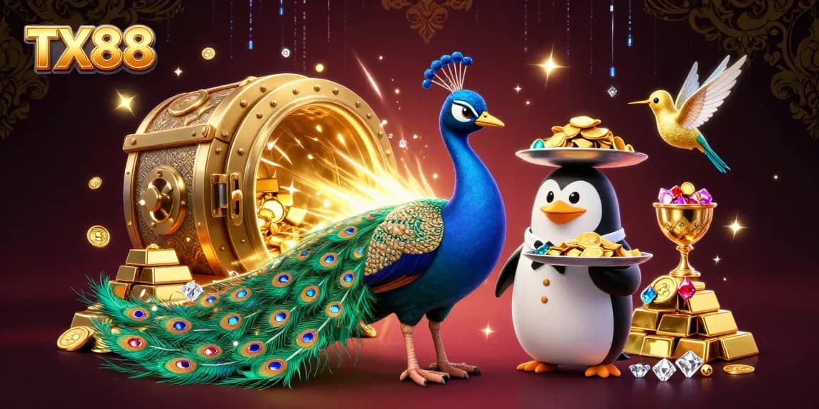 Experience the excitement of TX88 casino with vibrant characters and dazzling treasures in a 3D illustration.