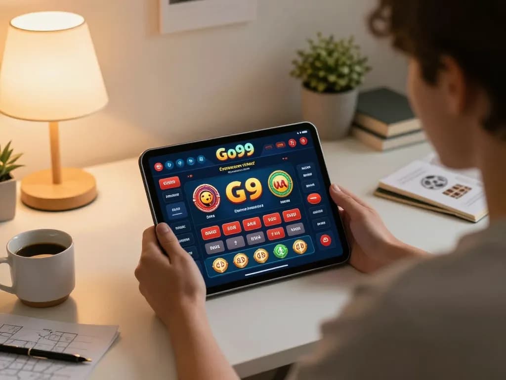 Engaged player exploring Go99's online casino gaming options on a tablet in a cozy home environment