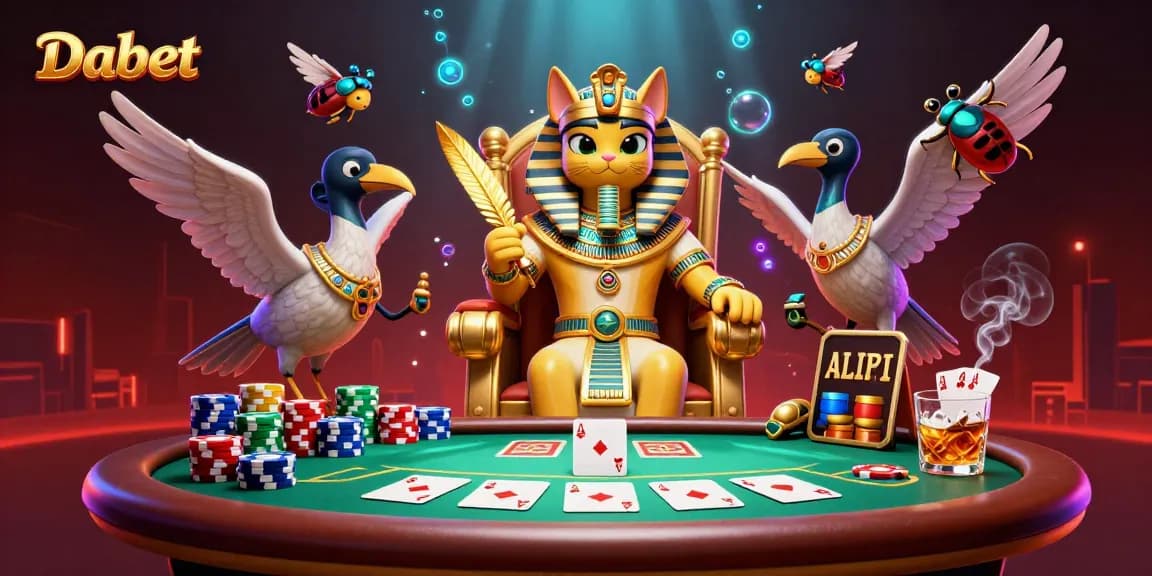 Dabet presents a dynamic casino scene with a pharaoh cat and poker elements in vibrant detail.