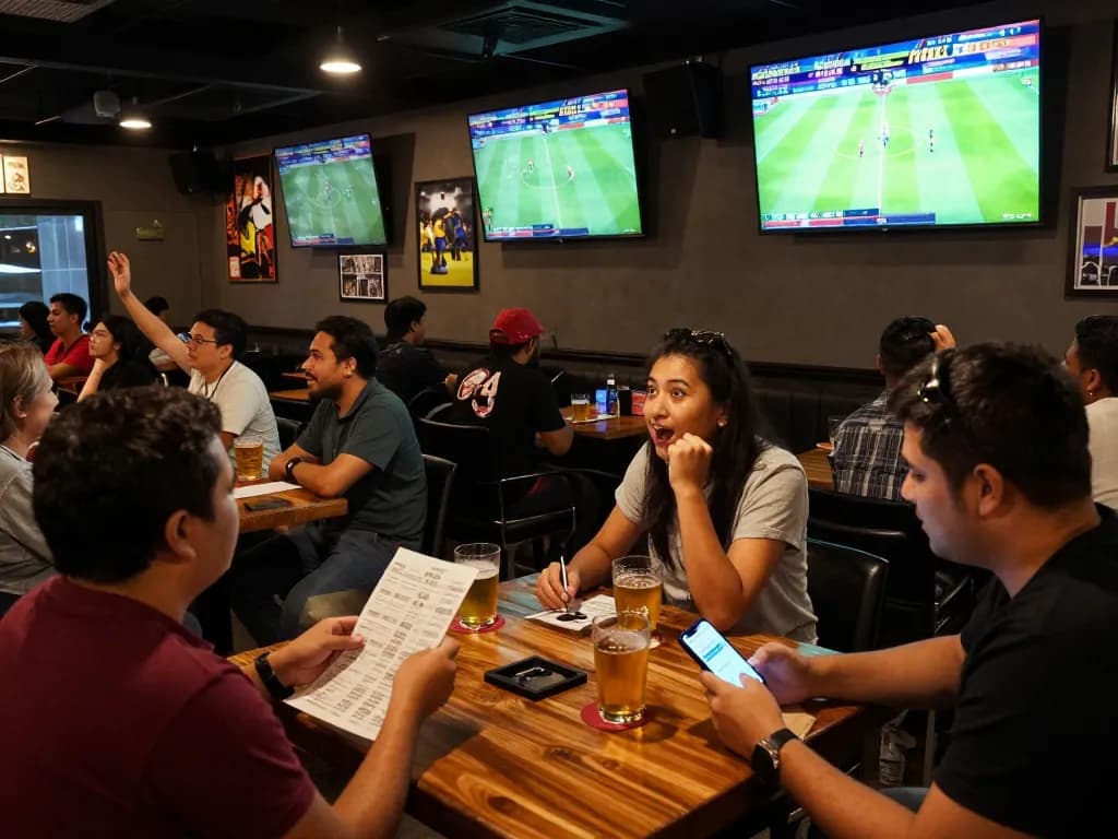 Engaged patrons enjoying kèo nhà cái at a sports betting bar with live games on screens.
