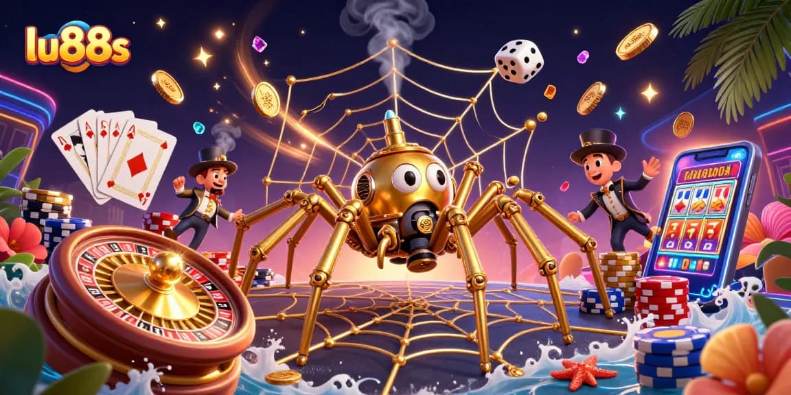 Experience thrilling wins with lu88s at our vibrant steampunk casino scene featuring golden spider and lucky elements.