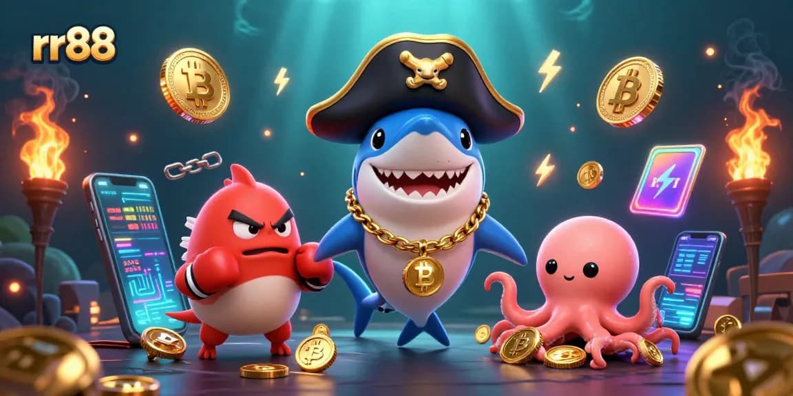 Join the excitement at rr88 with a vibrant underwater casino scene featuring animated characters and cryptocurrency elements.