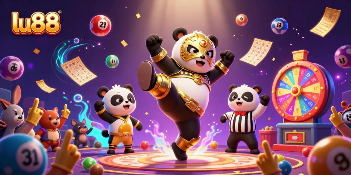 lu88 engaging players with a thrilling lottery scene featuring colorful balls, golden tickets, and excited crowd