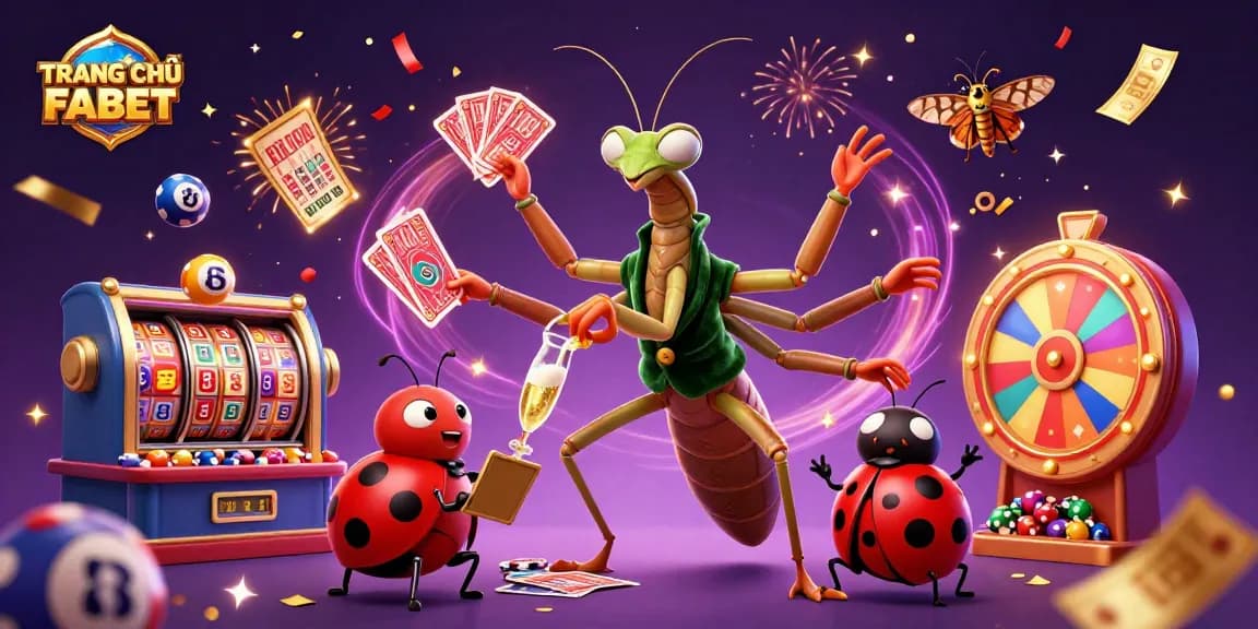 Engage with TRANG CHỦ FABET through an animated 3D casino scene featuring vibrant games and action.