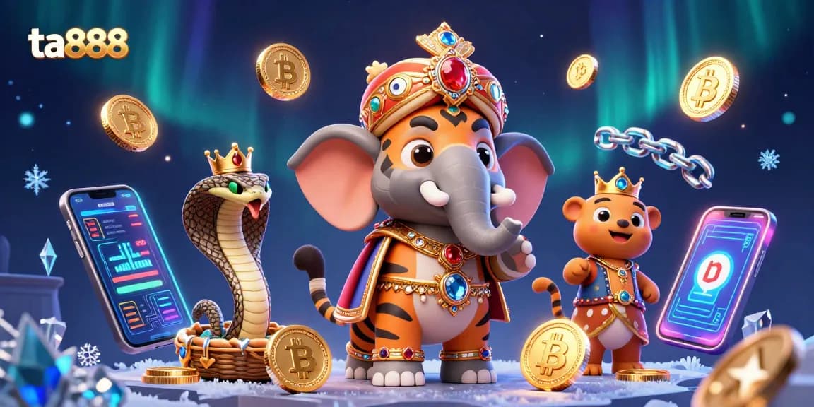 Engage with ta888 in this vibrant, glittering casino scene featuring exotic characters and crypto elements.