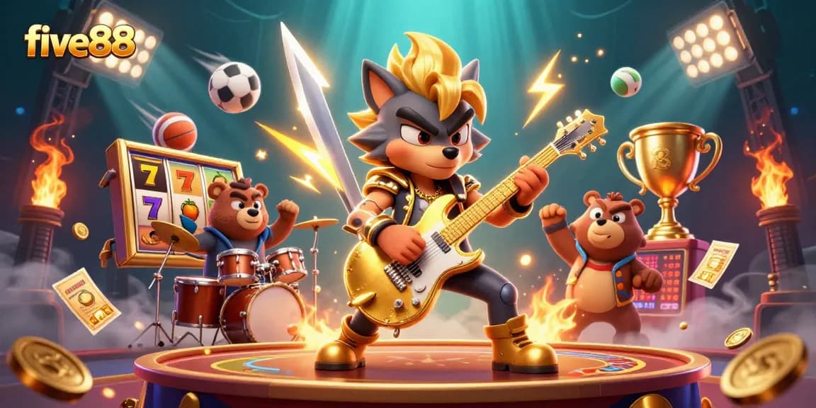 Experience the excitement of five88 with thrilling slot machine action and energetic characters on stage.