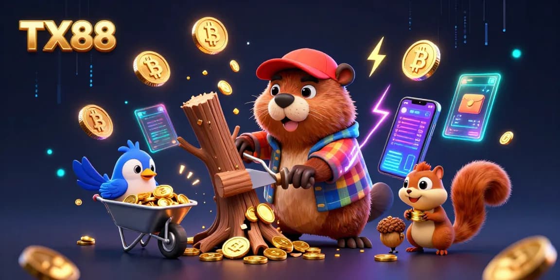 TX88 showcases a dynamic scene of a lumberjack beaver and friends in a vibrant casino world, collecting gold coins.