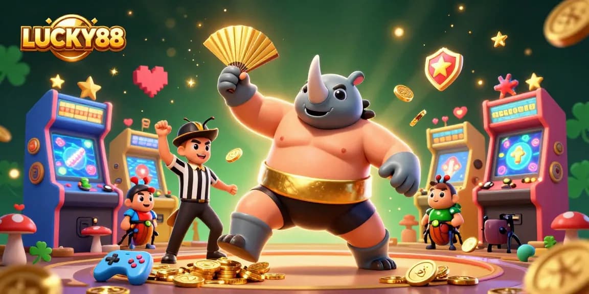 LUCKY88 brings excitement with a rhinoceros beetle champion and golden coins flying in this vibrant illustration.