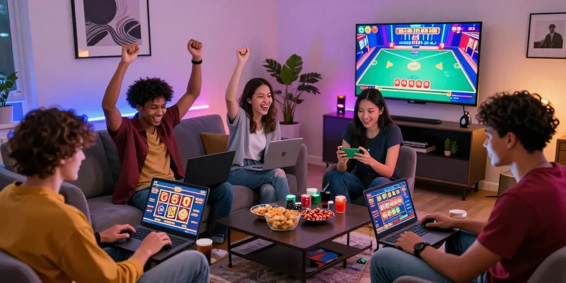 Scena coinvolgente di amici che giocano a giochi di casinò online non AAMS insieme in un vivace soggiorno, celebrando vittorie e godendo dell'esperienza di gioco online.