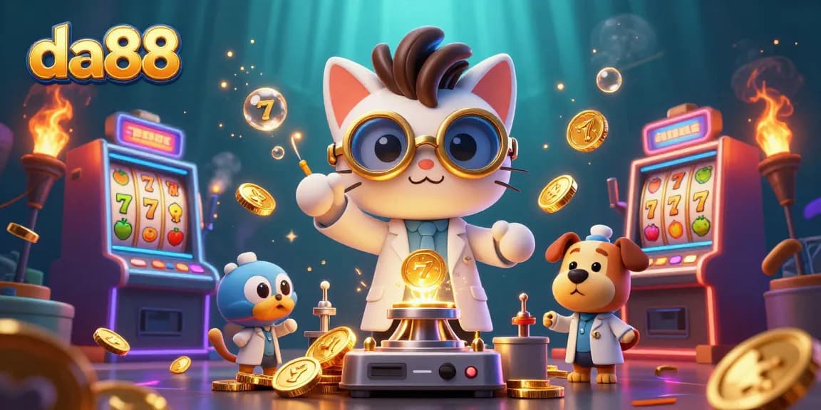 Experience gaming excitement with da88 as a cartoon scientist cat and dog create a jackpot machine.