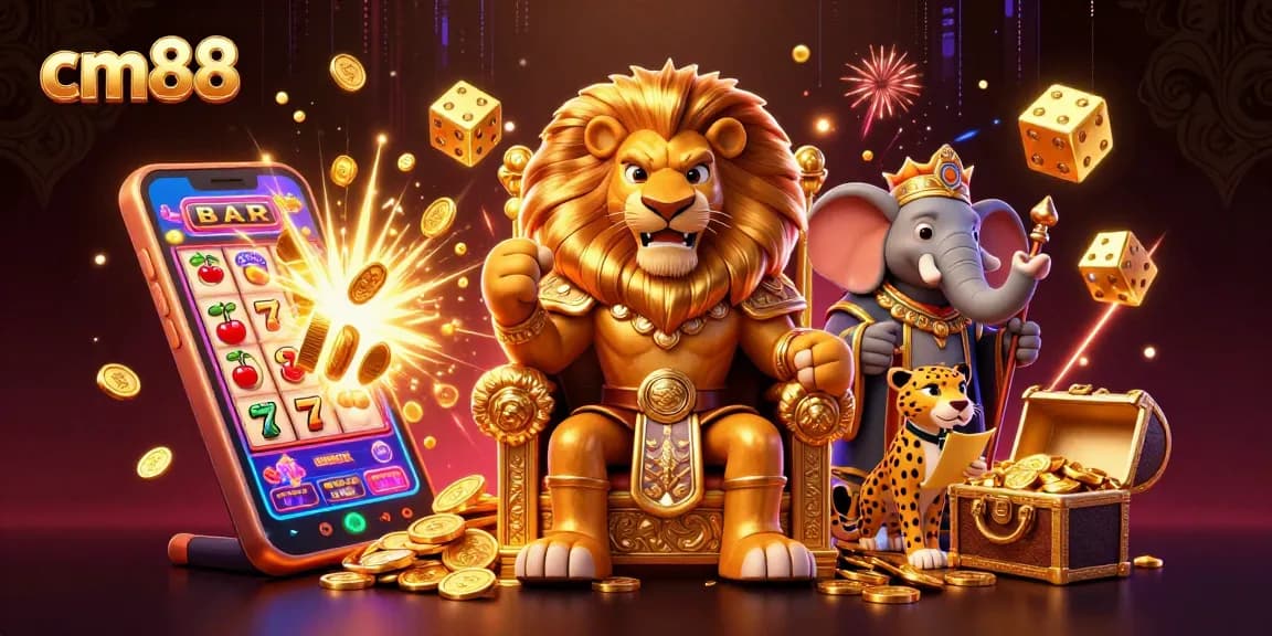 Win big at cm88 with a vibrant casino illustration featuring a lion king and thrilling game elements.