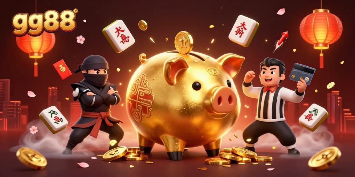 Experience thrilling adventures with gg88 as a sumo piggy bank competes in a vibrant casino scene.