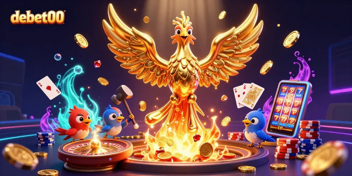 Experience the thrill of debet00 with golden phoenix and dynamic casino elements in vibrant 3D.