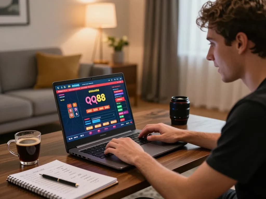 Engaged player enjoying qq88 to online gaming on a laptop with strategic notes nearby